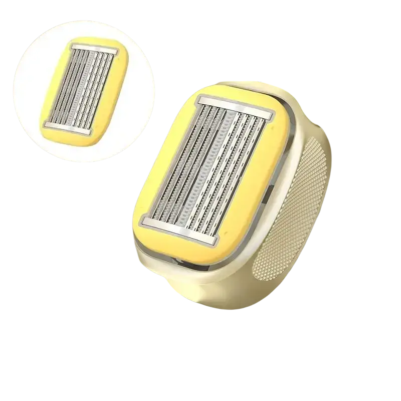 Yellow and white electric 9-layer razor replacement blade head with sleek design and multiple silver blades for precise shaving