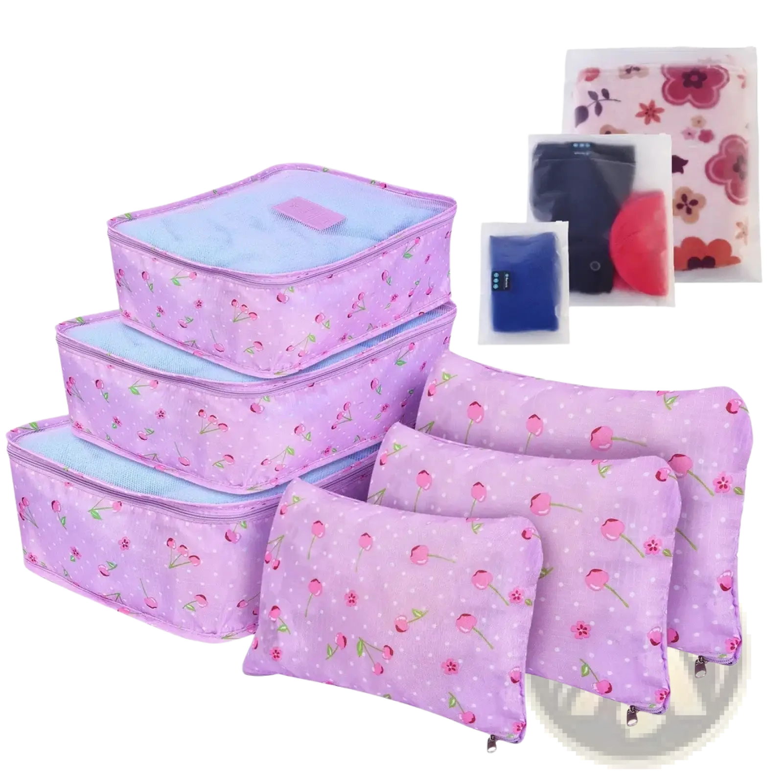 Set of five lavender travel packing cubes with pink cherry and white polka dot pattern and mesh-lined interiors
