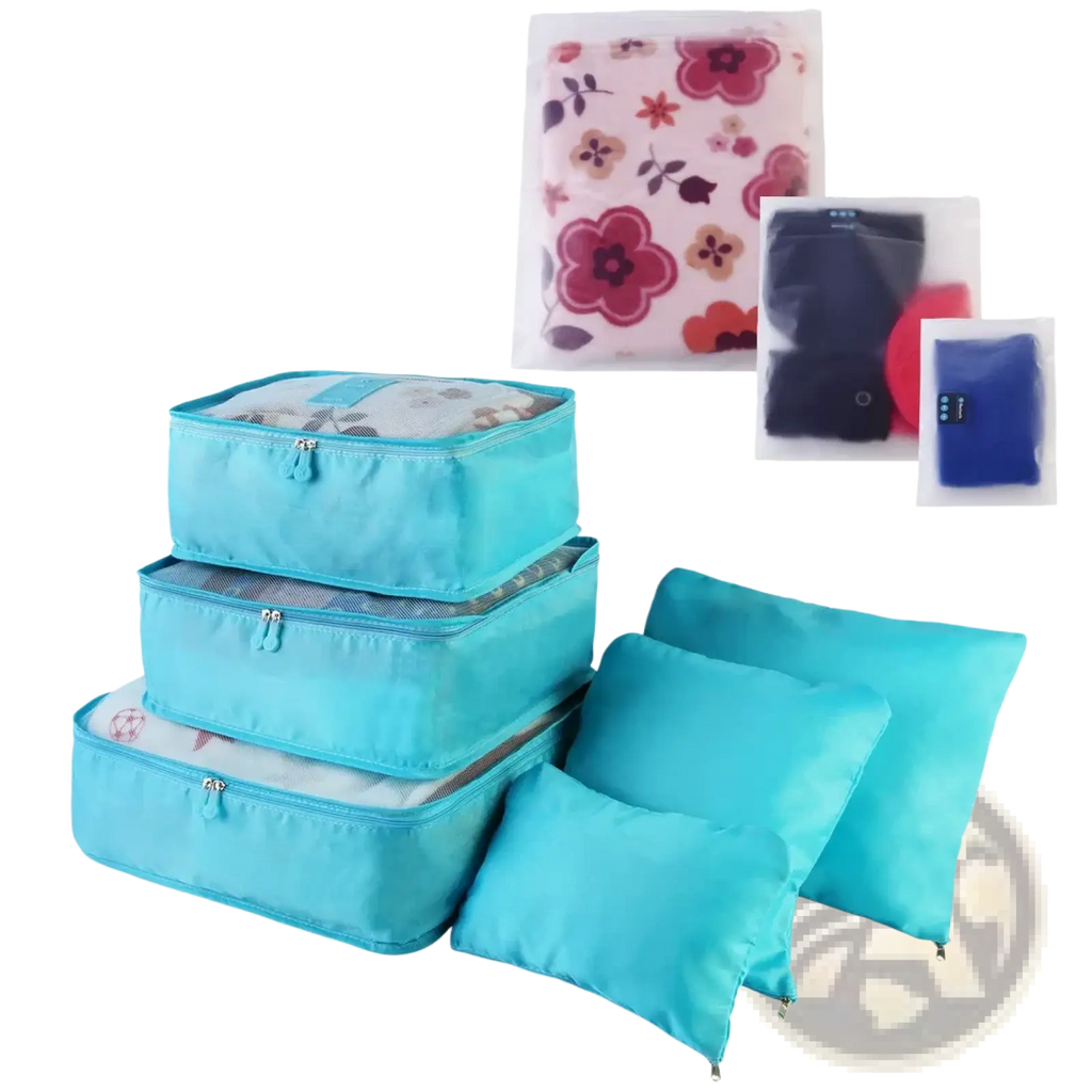 Set of nine turquoise water resistant fabric packing cubes and travel organizers with zipper closures for efficient packing