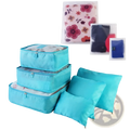 Set of nine turquoise water resistant fabric packing cubes and travel organizers with zipper closures for efficient packing