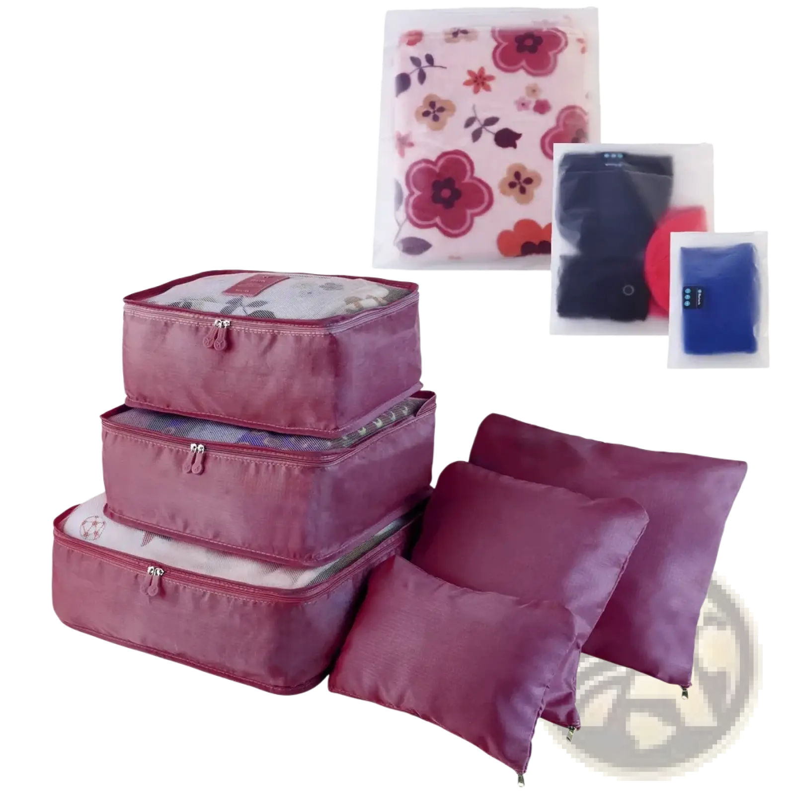 Set of four maroon fabric travel packing cubes with zipper closures and matching pillow-shaped organizers