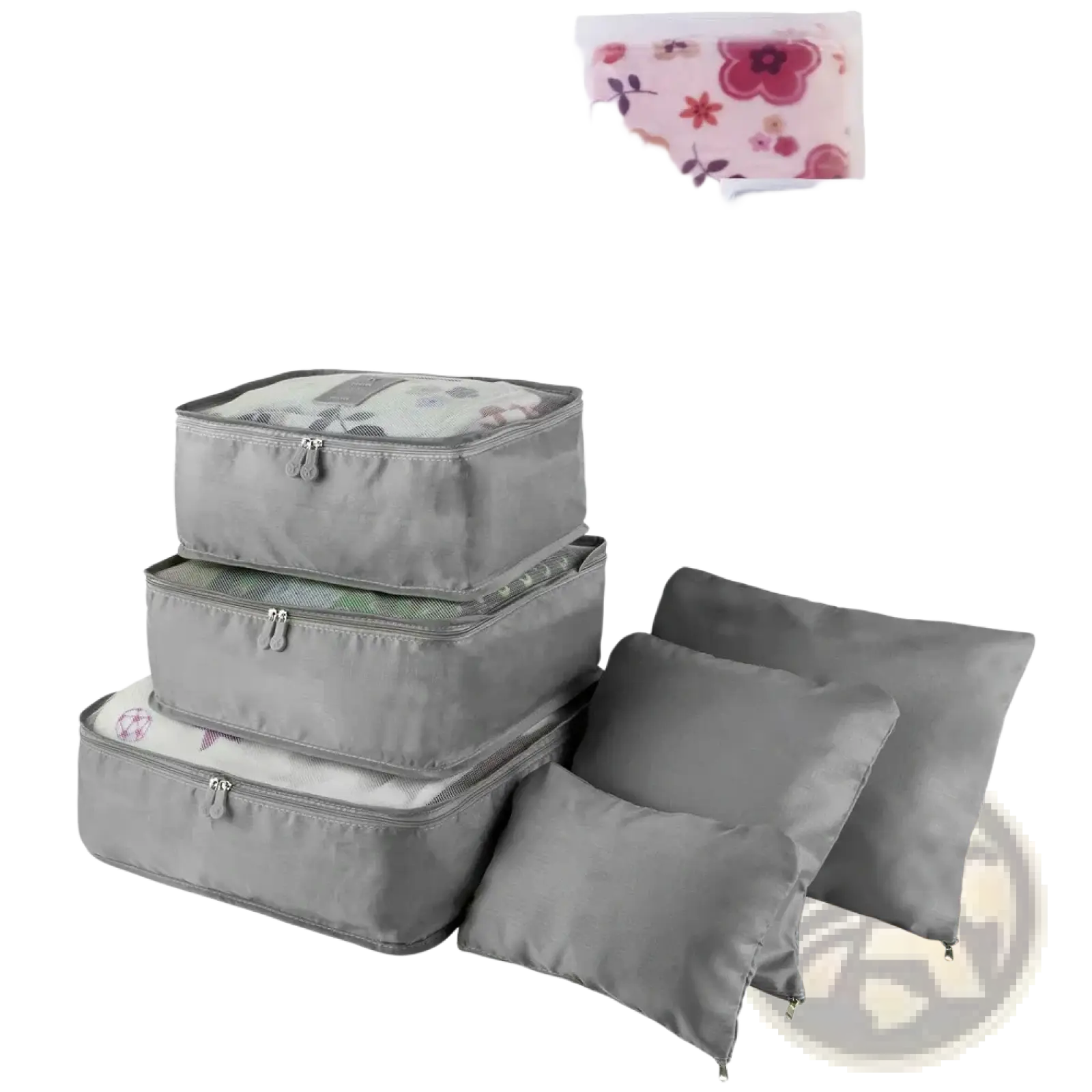Set of five gray fabric travel packing cubes with zipper closures and mesh panels for organized packing