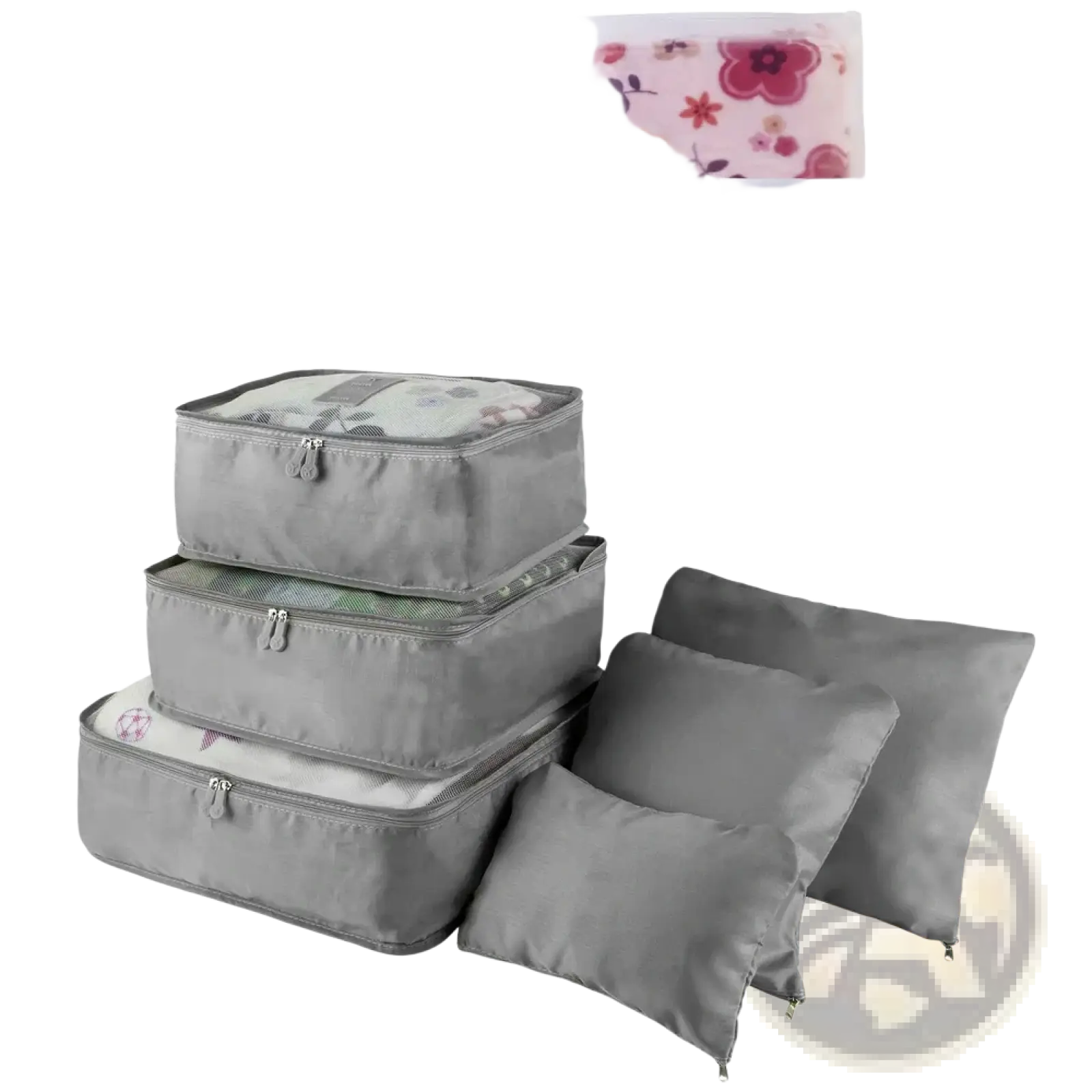 Set of four gray fabric packing cubes with zipper closures and matching pillowcases in travel organizer set