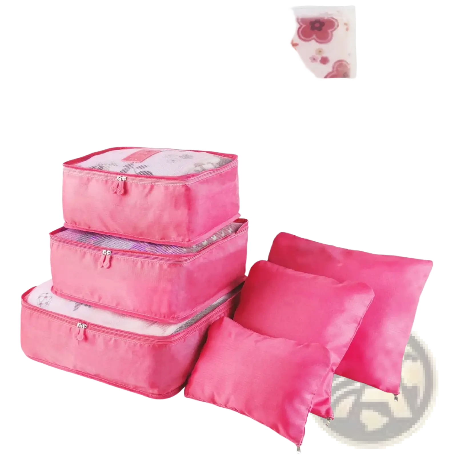 Set of four pink fabric travel packing cubes with zipper closures and matching pillow-shaped organizers