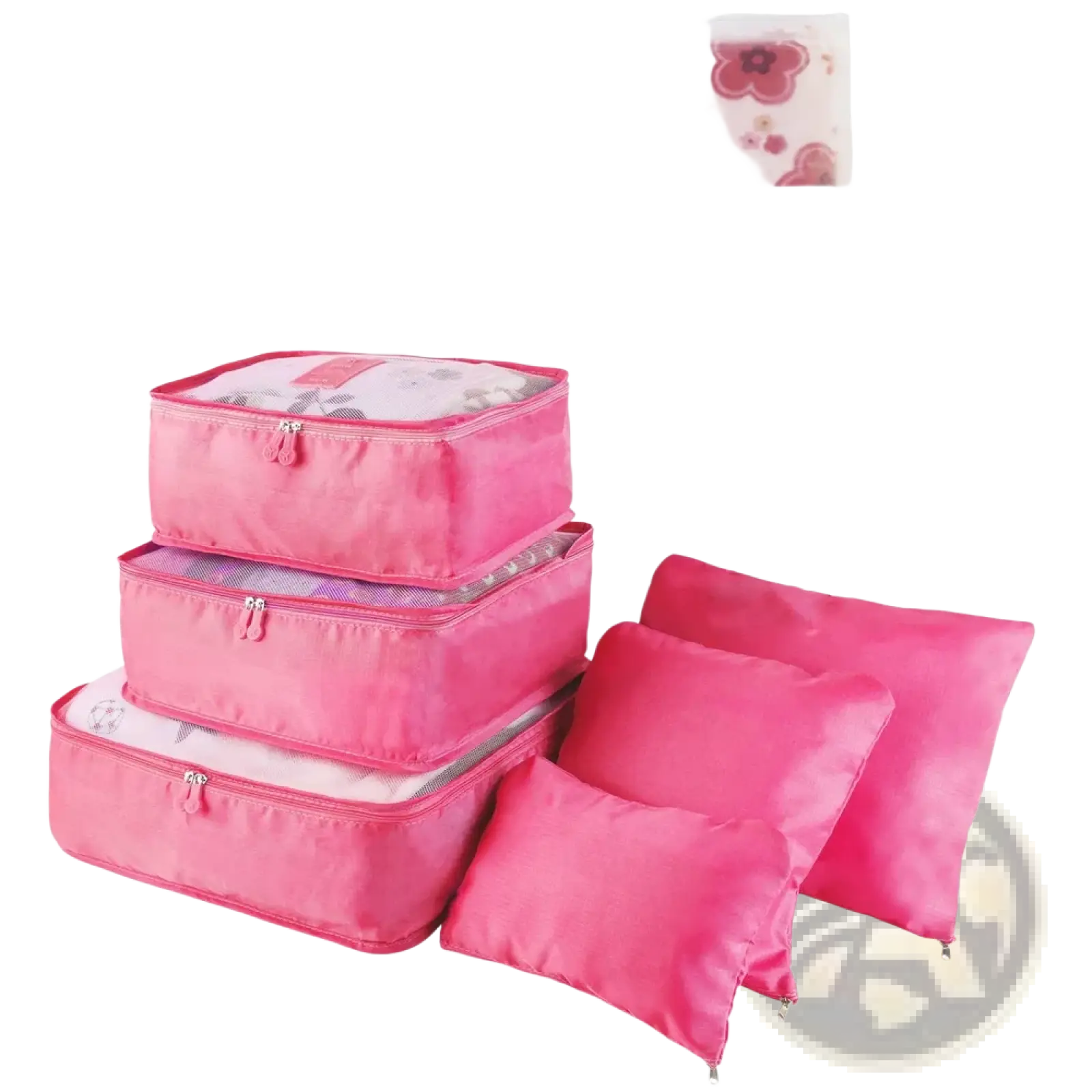 Set of five pink fabric travel packing cubes with zipper closures and mesh sides for organized packing