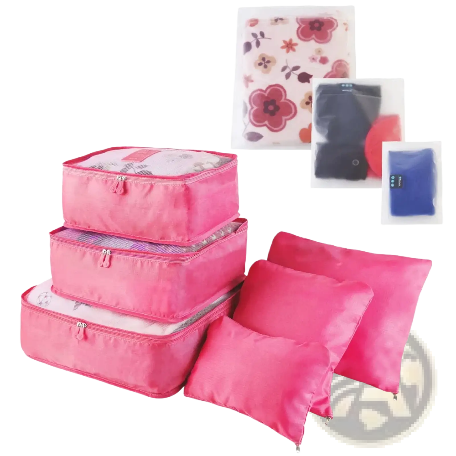 Set of nine pink fabric travel packing cubes and pillowcases with zipper closures for organized storage