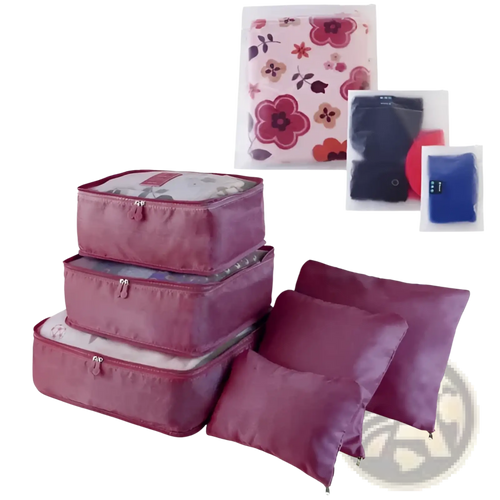 Set of mauve fabric packing cubes and floral-patterned clear travel organizers for water resistant packing