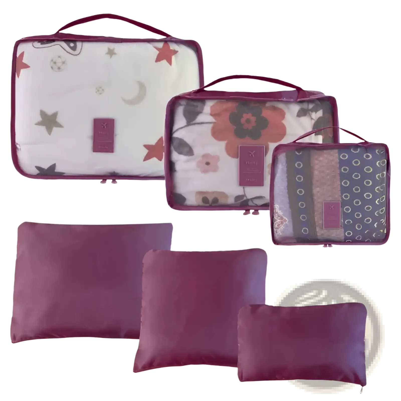 Set of six maroon travel packing cubes with floral mesh panels part of nine piece water resistant organizer set