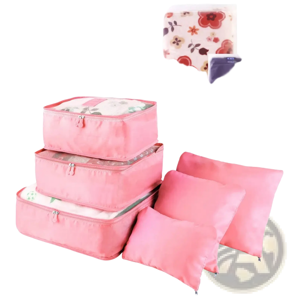 Set of pink fabric travel packing cubes with zipper closures and mesh sides for organized packing and storage