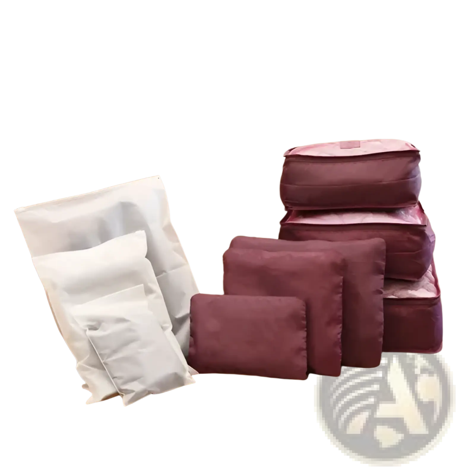 Set of maroon and white fabric packing cubes in a 9 piece water resistant travel organizer set arranged on a couch