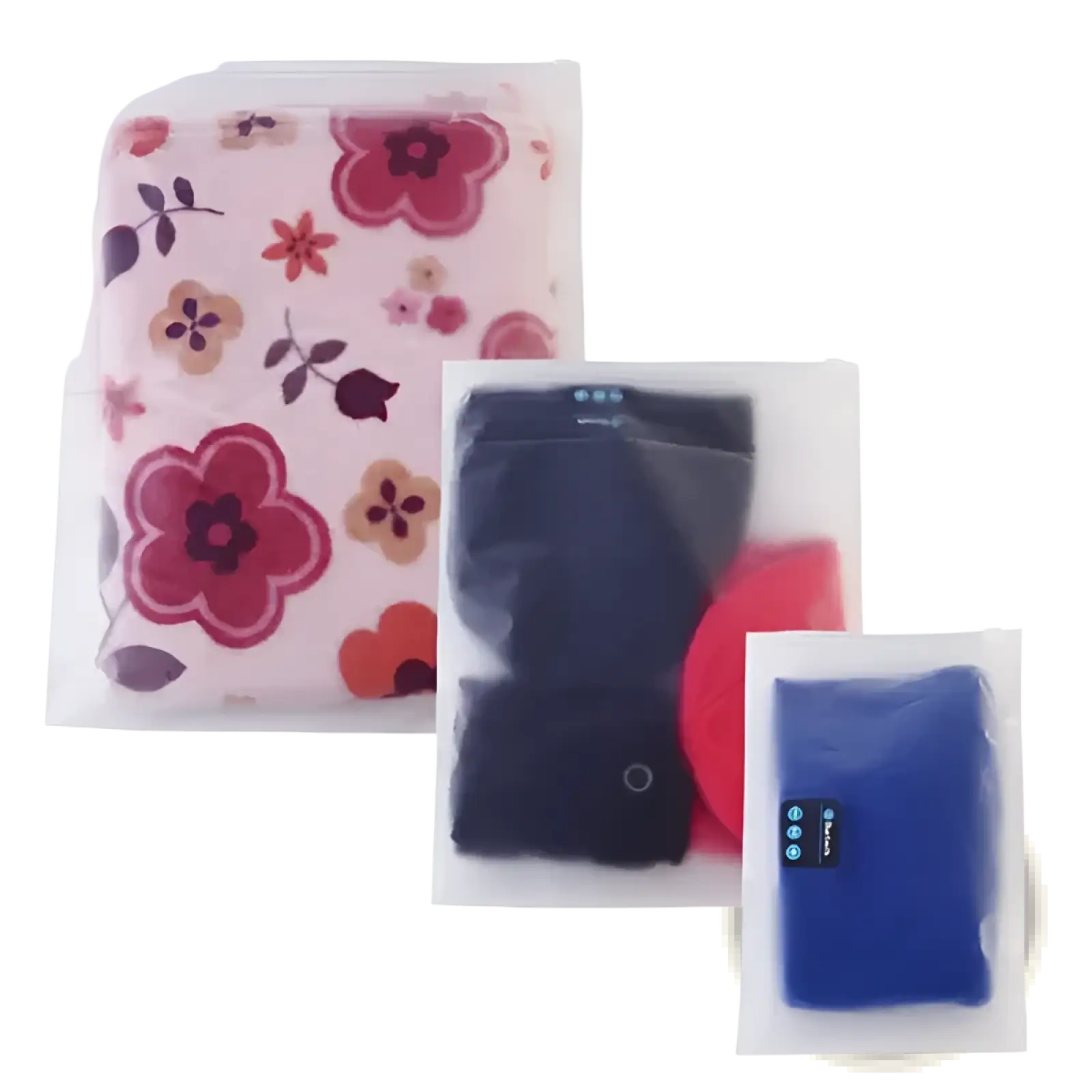 Clear plastic garment bags with floral and solid fabric inside in 9 piece water resistant travel packing cube set