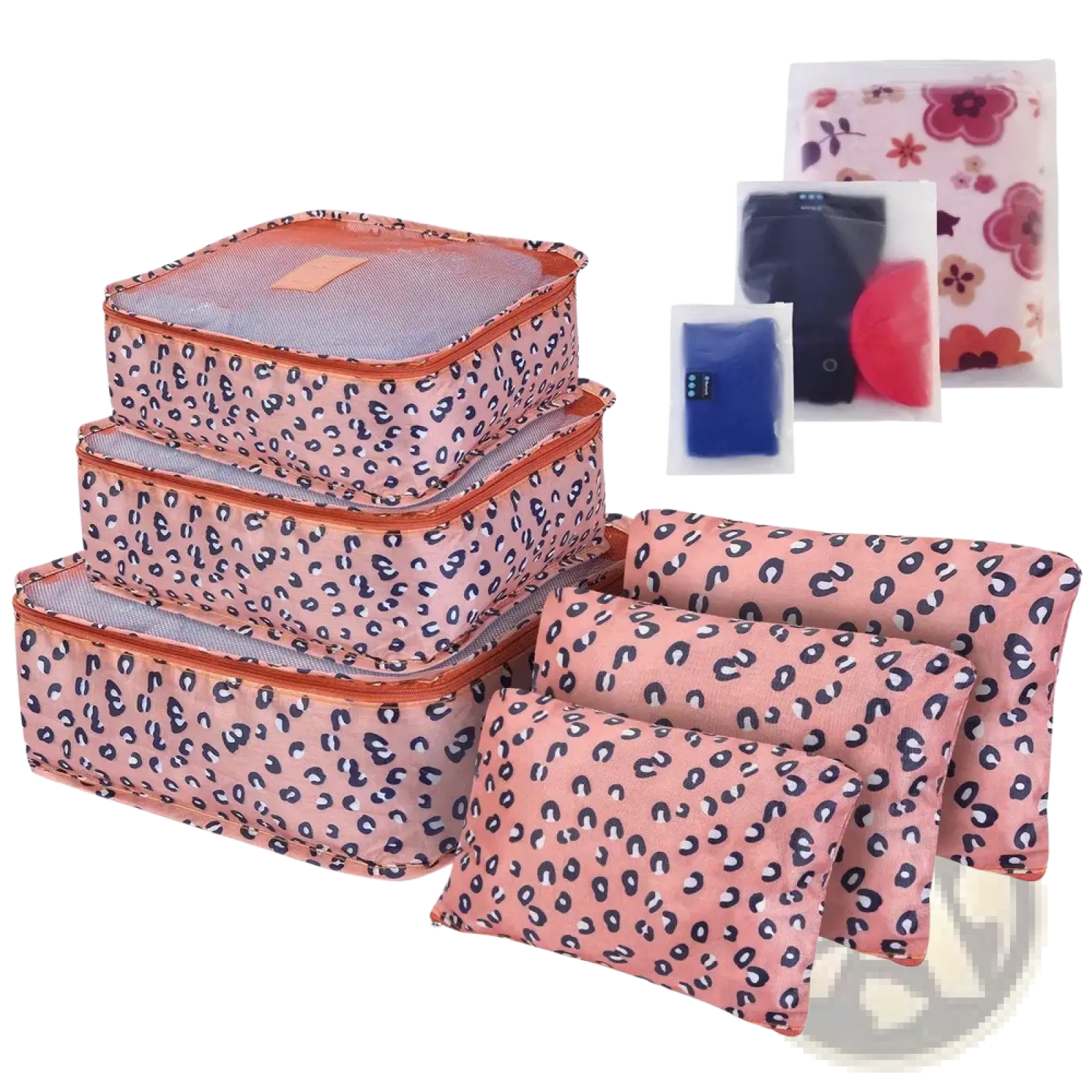 Set of three pink leopard-print travel packing cubes with orange trim mesh lids water resistant organizer set