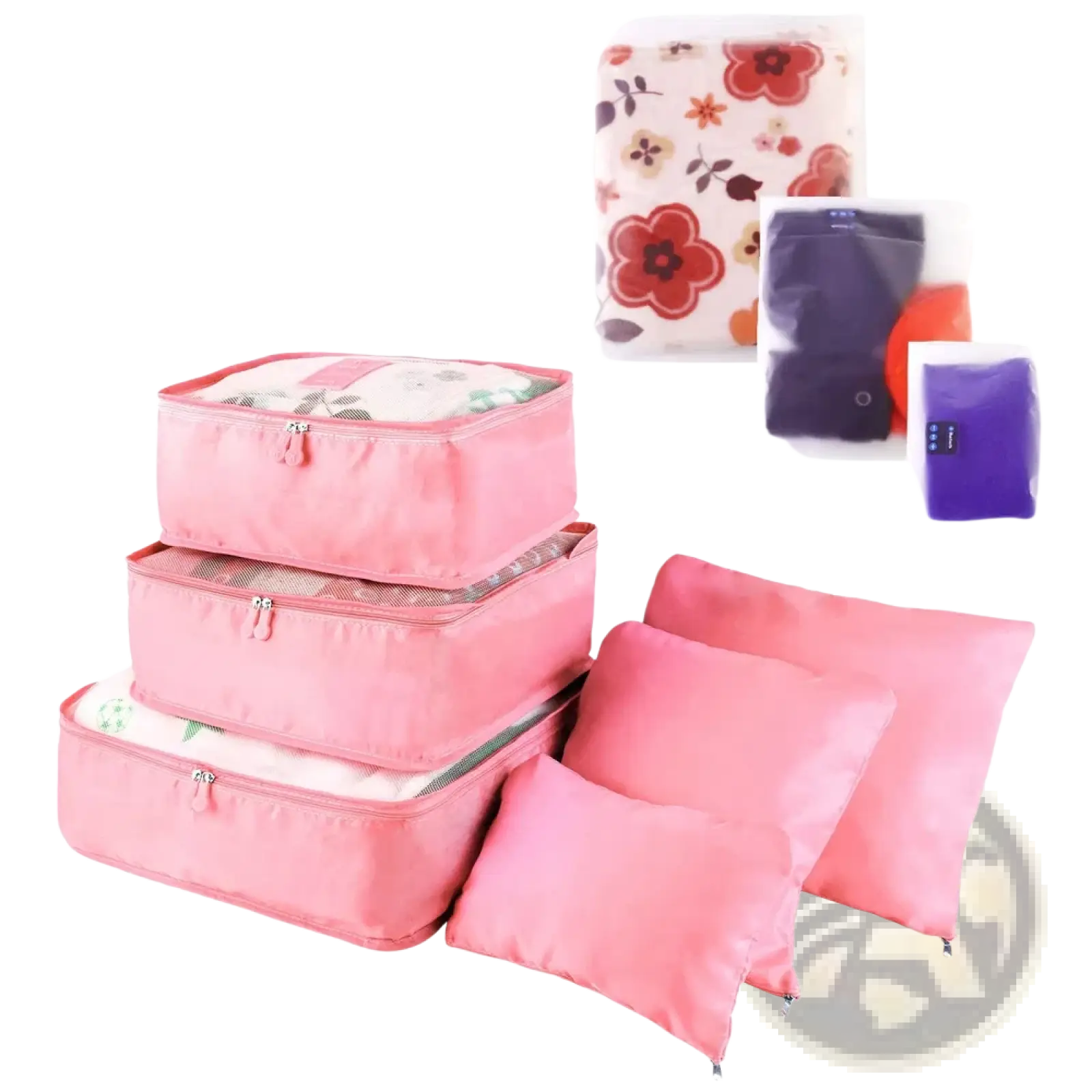 Set of nine pink water resistant fabric travel packing cubes and organizers with zipper closures for efficient packing