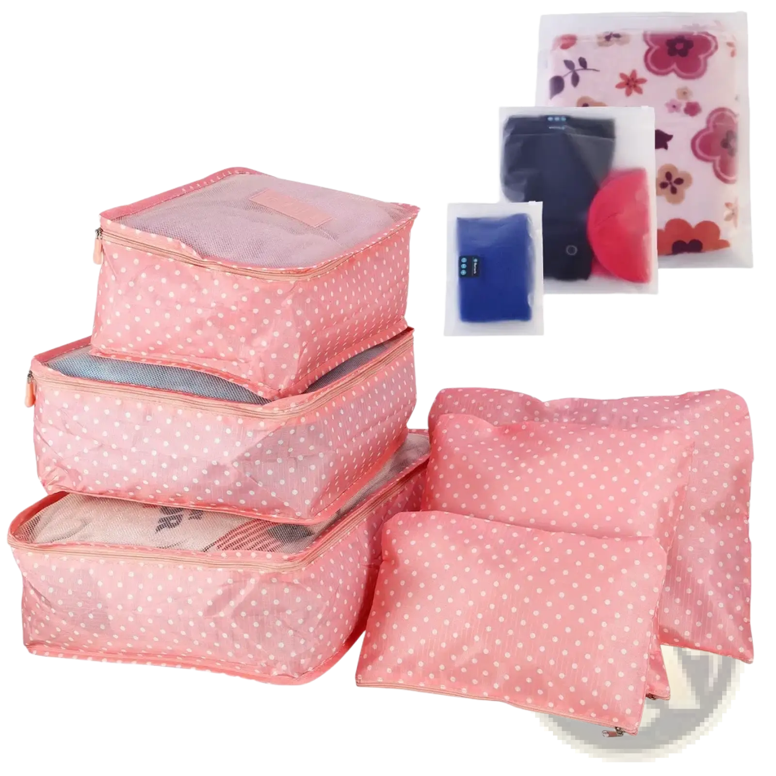 Set of six pink polka-dot mesh packing cubes and clear plastic bags for travel organization in a 9 piece organizer set