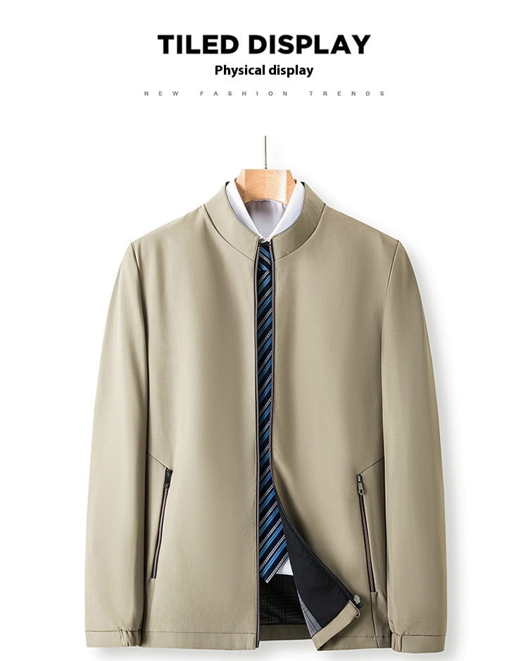 Beige men casual polo bomber jacket with stand-up collar, front zipper closure, and two side pockets.