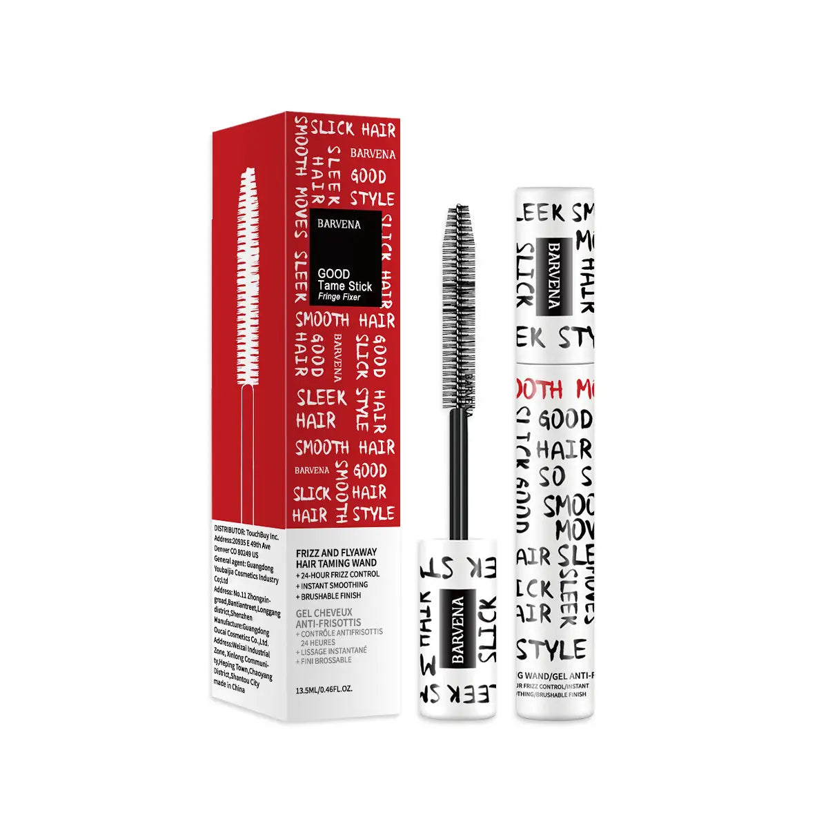 Barvena stick fixateur de mèches bonne tenue, mascara, en tube blanc avec un design de texte noir et rouge, présentant un embout brosse pour lisser les frisottis, sous forme de bâton de contrôle des frisottis pour cheveux, bâton de coiffage portable Bn7208.