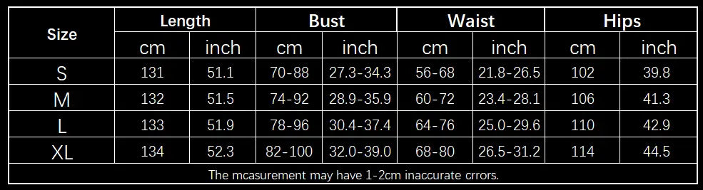 Size chart table for sequin knit sleeveless bodycon maxi dress displaying length bust waist and hips measurements in centimeters and inches for sizes S M L and XL.