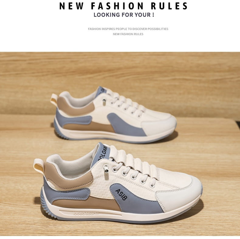 Men’s casual sports sneakers in white and beige with light blue accents featuring a sleek design and non-slip microfiber material.
