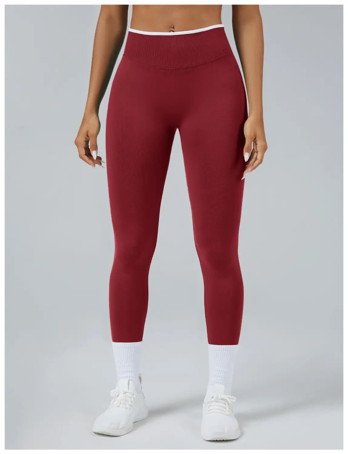 Maroon seamless high waist sports yoga leggings with ribbed white waistband displayed from the back side.