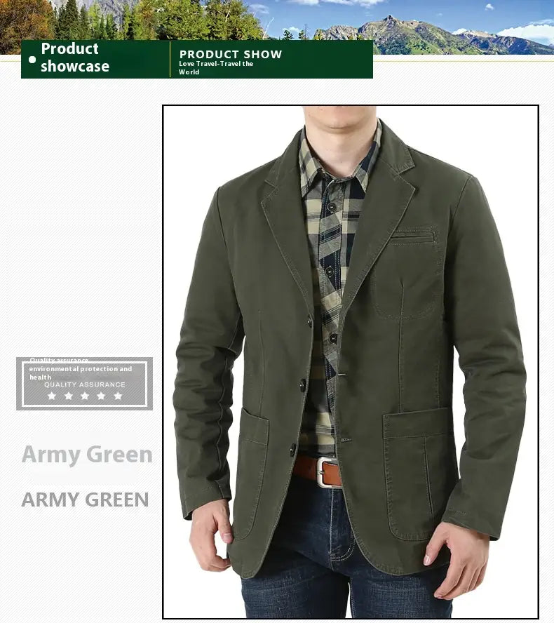 Herren-Übergrößen-Baumwoll-Freizeitblazer in Armeegrün mit klassischer Passform und zwei vorderen Taschen.