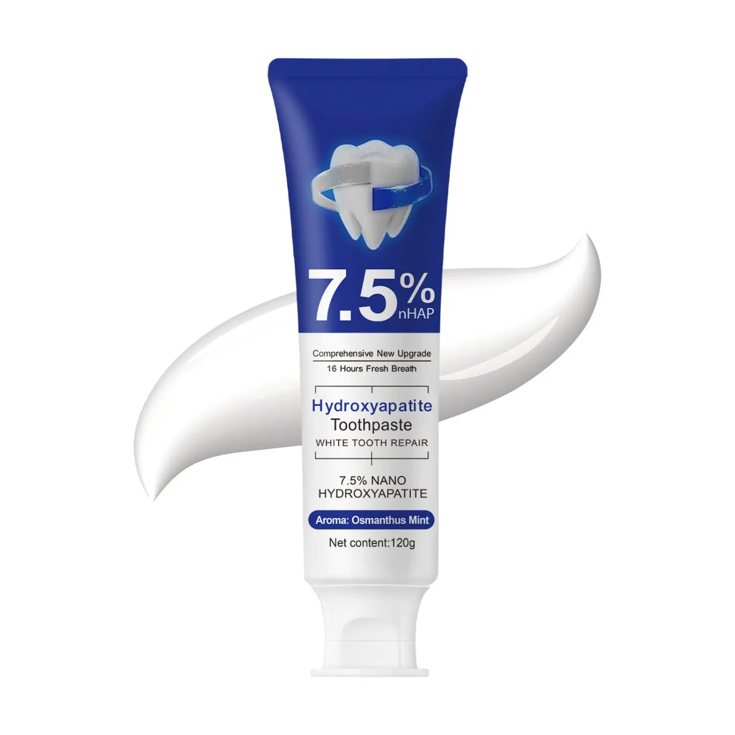 Blue and white tube of hydroxyapatite toothpaste with 7.5% nhap featuring osmanthus mint aroma and net content of 120g.