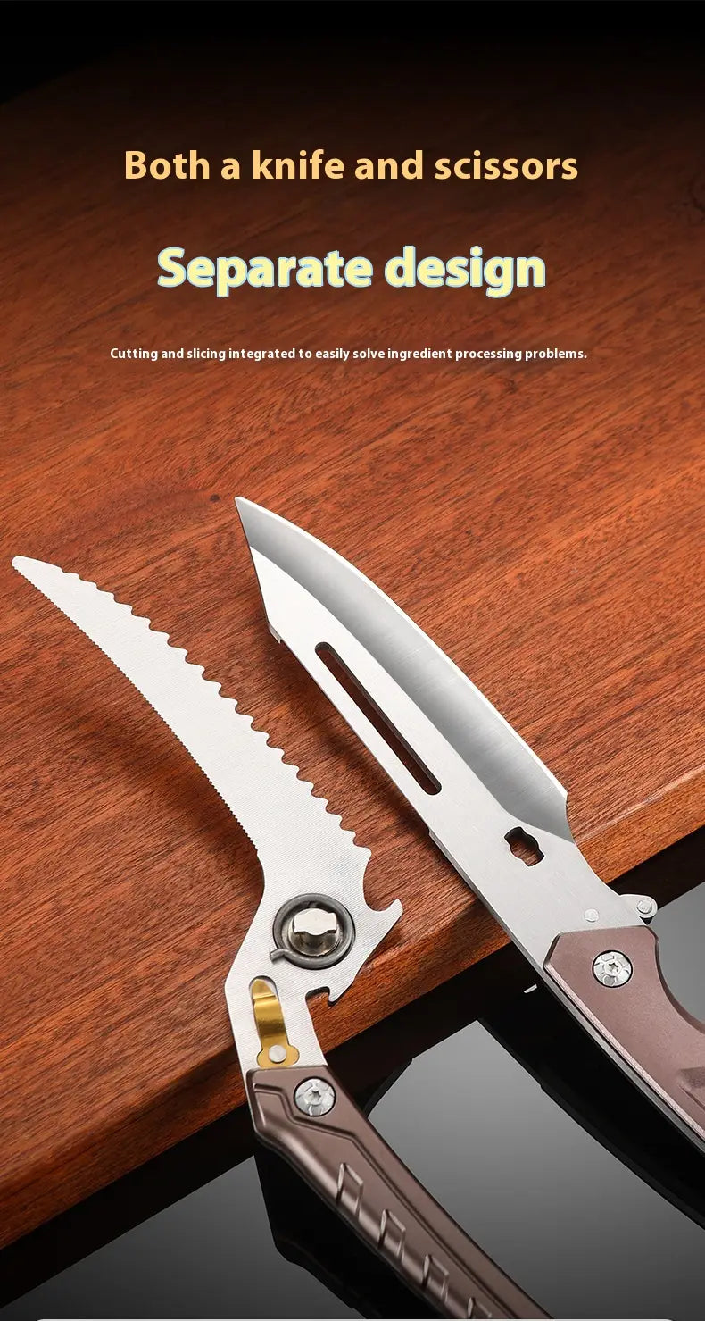 Multifunctional chicken bone scissors kitchen shears with stainless steel serrated and straight-edged blades and brown ergonomic handles.