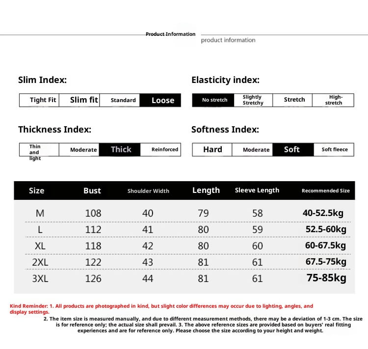 This is a detailed size and fit chart for the glossy black plus size puffer jacket displaying garment measurements in centimeters from size M to 3XL with corresponding weight recommendations.