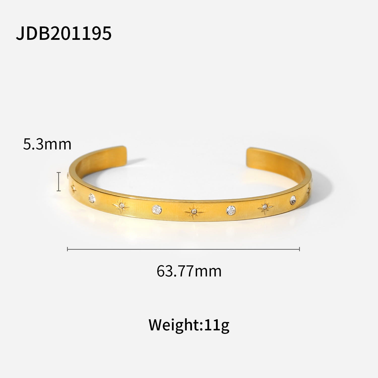 Gold plated stainless steel bangle bracelet in gold tone adorned with sparkling clear zirconia gemstones and delicate star-shaped embellishments.