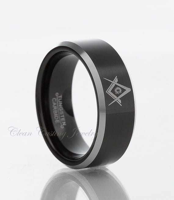 Black tungsten wedding ring with green aluminum 8mm featuring a silver-toned masonic emblem engraved on the side.