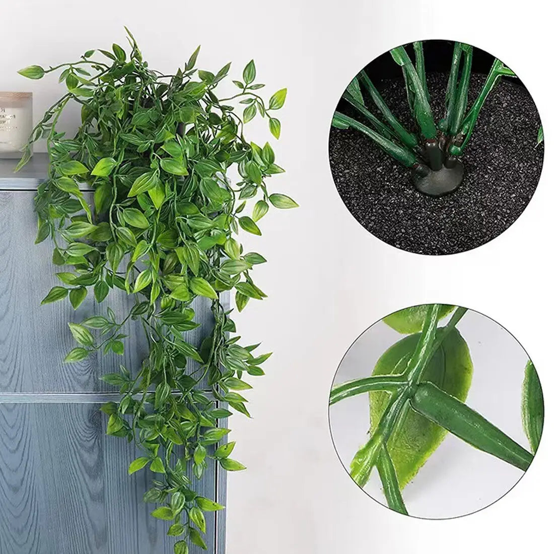 Artificial hanging plants 3 pack featuring green artificial ivy with realistic leaf texture and vine structure for decorative trailing greenery.