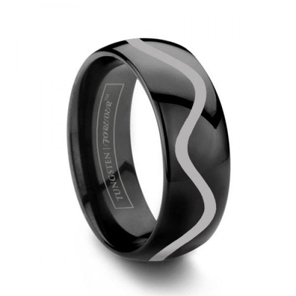 Black tungsten wedding ring with green aluminum 8mm featuring a sleek, glossy finish and an elegant white wavy inlay design.