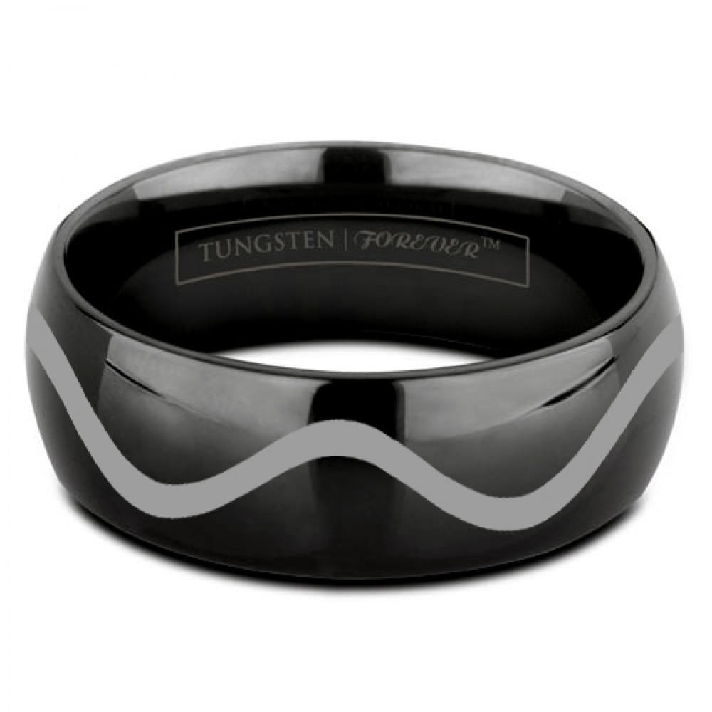 Black tungsten wedding ring with green aluminum 8mm features a sleek polished finish and an elegant silver wave design etched along its outer surface.