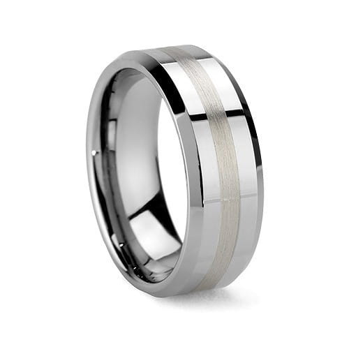 A sleek black tungsten wedding ring with a polished silver exterior and a brushed gold center stripe featuring green aluminum accents measuring 8mm.