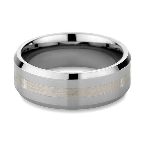 A sleek black tungsten wedding ring with an 8mm width features a polished silver outer edge and a brushed gold aluminum inlay running horizontally across the center.
