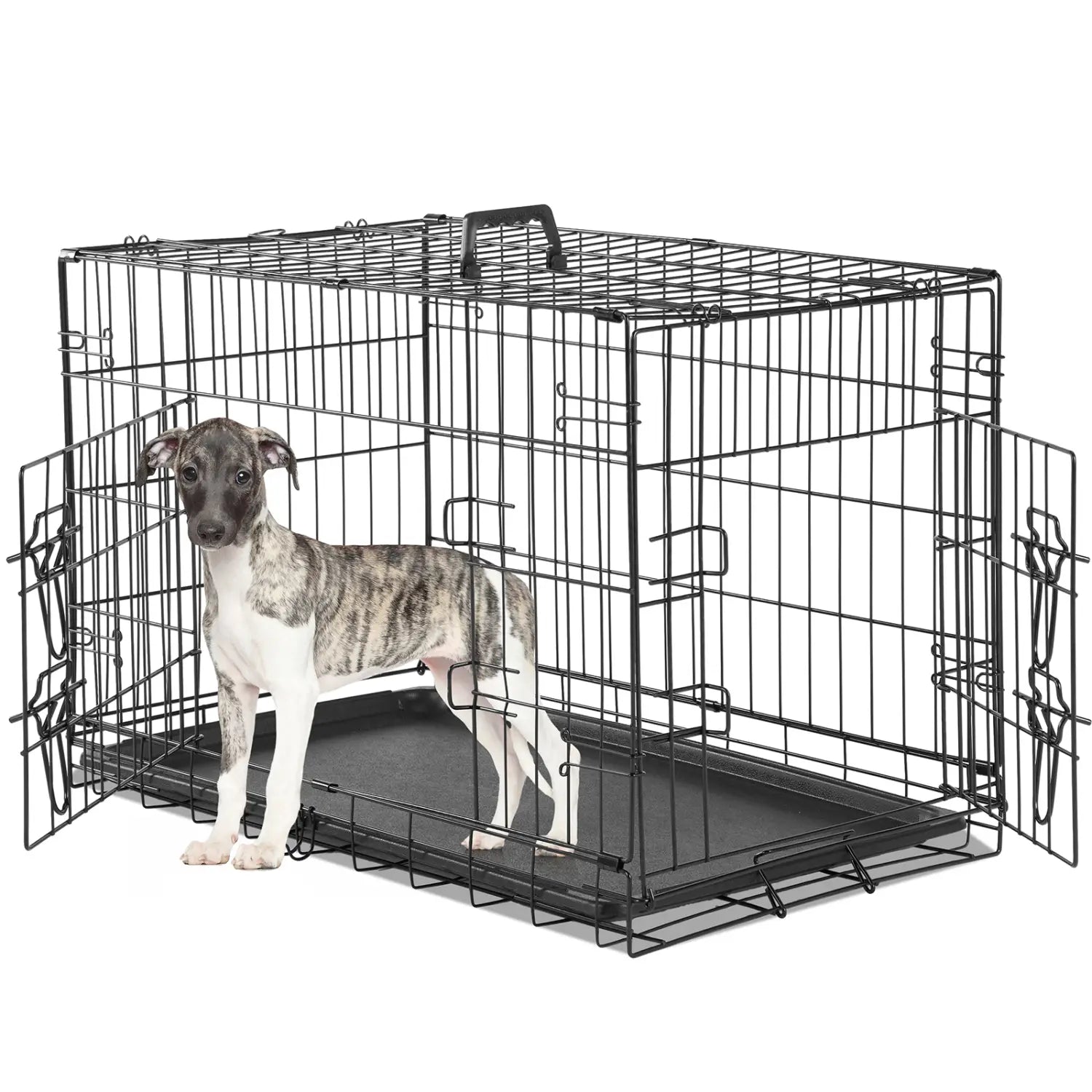 Jaula para perros de malla metálica negra con doble puerta, bandeja extraíble y puertas laterales para una contención segura de la mascota