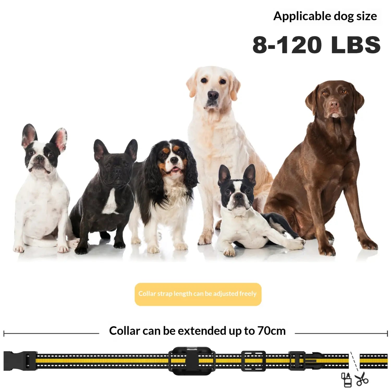 Yellow and black reflective adjustable dog collar up to 70cm designed for anti bark dog training with remote control.