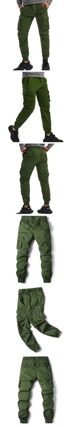 Men’s slim fit olive green cotton cargo work pants featuring multiple pockets and a tapered leg design.