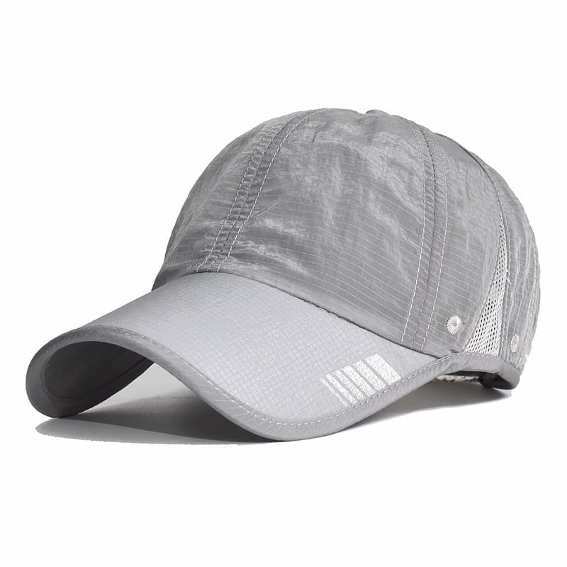 gray quick-drying running hat sports sun cap with mesh back and subtle white stitching details shown from the back side
