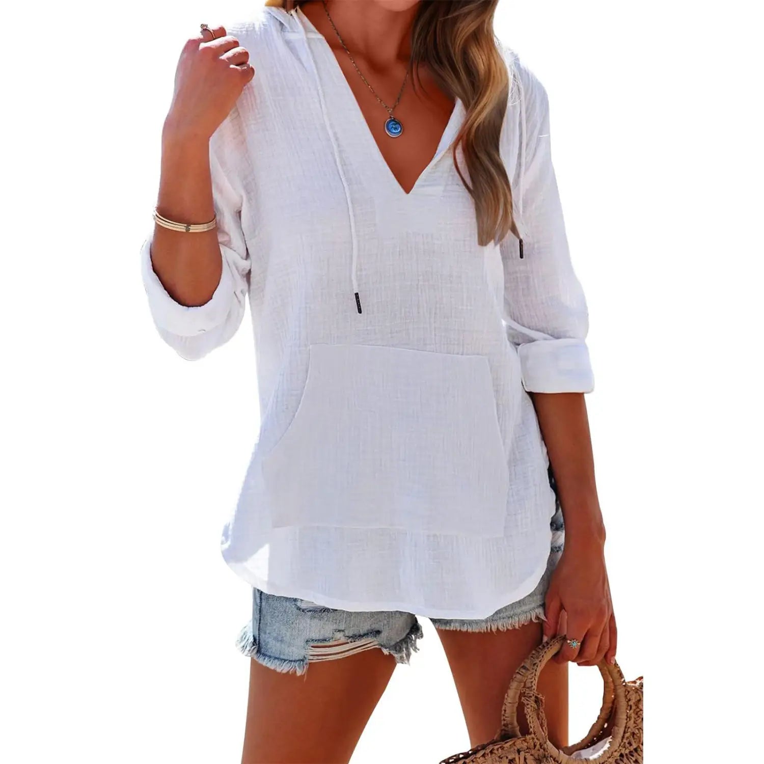 white lightweight cotton hoodie shirt with v neckline and front pocket from womens v neck cotton linen hooded pullover with pockets collection