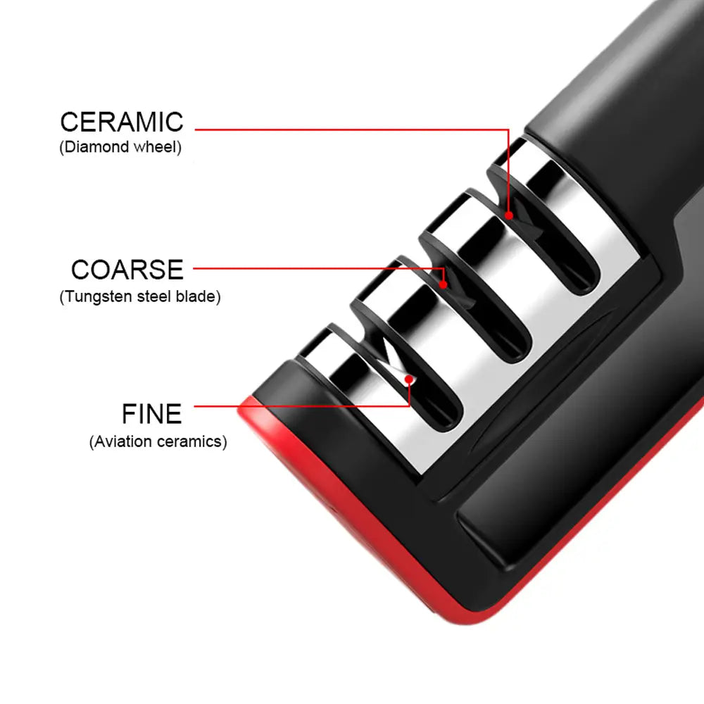 Professional 3 stage diamond knife sharpener tool in black and red ceramic with three distinct grit levels for precise blade maintenance.
