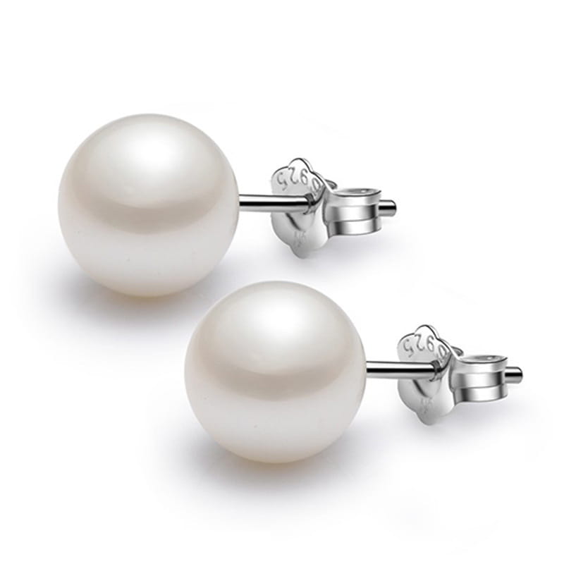 Sterling silver freshwater pearl stud earrings with lustrous white pearls and butterfly backings.