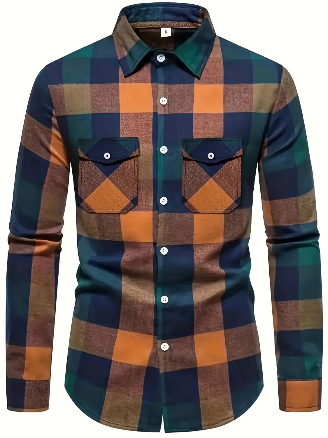 Men’s slim fit plaid flannel button up shirt in navy blue teal green and burnt orange featuring long sleeves and matching fabric pockets with diagonal stitching.