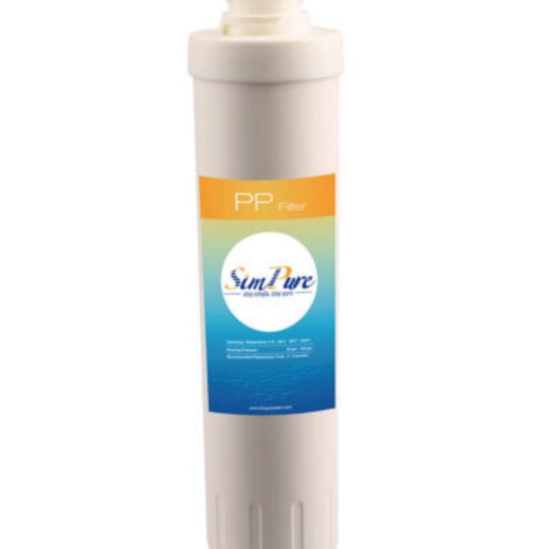 white cylindrical Simpure 3 stage under sink water filter replacement pp uf with colorful gradient label displaying the brand name and pp filter designation.