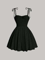 black strap tie-back sky blue ruched corset mini dress with gathered bodice and flared skirt shown from the back