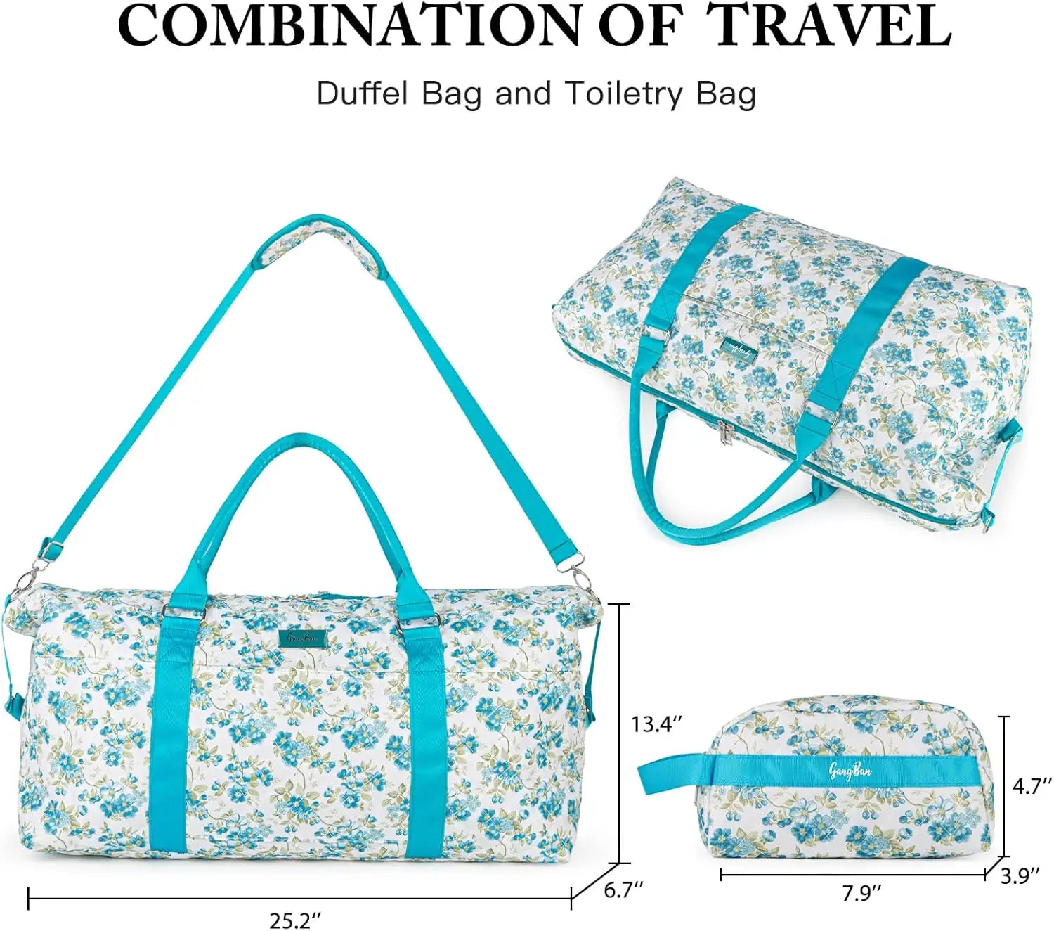 un sac de voyage duffel pour femme à motif floral vert-bleu et blanc, avec des sangles assorties et une trousse de toilette adapté à un conditionnement organisé.