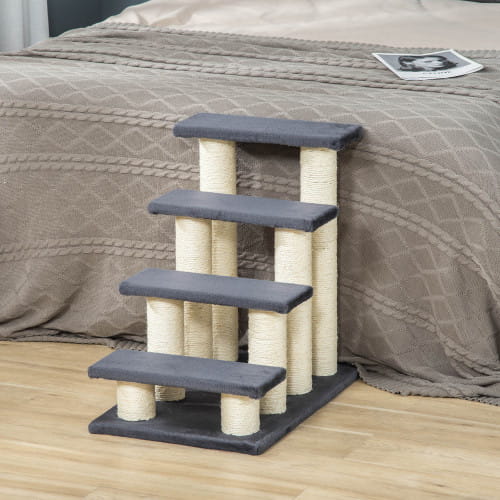 Pawhut 4-step cat stairs in gray and beige featuring four steps with textured sisal scratching surfaces wrapped around sturdy cylindrical posts designed for climbing and scratching.
