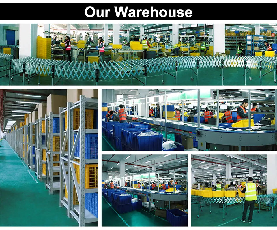 The image displays a collage of industrial warehouse scenes with workers in safety vests handling machinery near metal shelving units holding blue plastic bins, illustrating the universal stroller extension footrest infant footboard product.