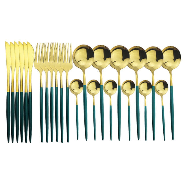 Gold and teal two-tone stainless steel 24-piece dinnerware set showcasing gold stainless steel cutlery in a pink two-tone design.