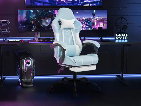Light blue and white gaming chair with footrest and massage lumbar support featuring a sleek modern design and padded armrests.