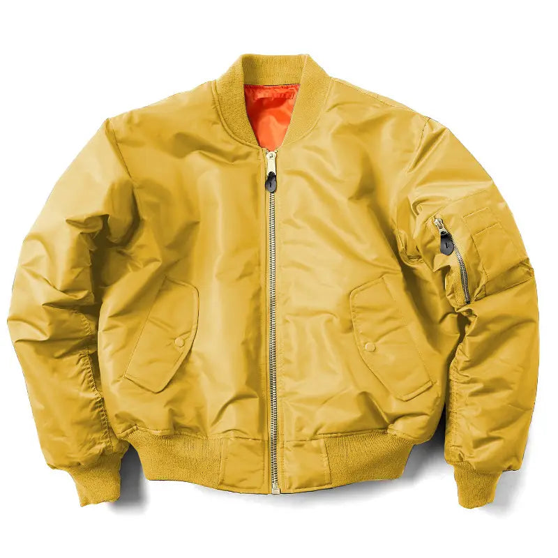 Men’s pilot cotton bomber jacket in mustard yellow with orange lining and black zipper pulls.